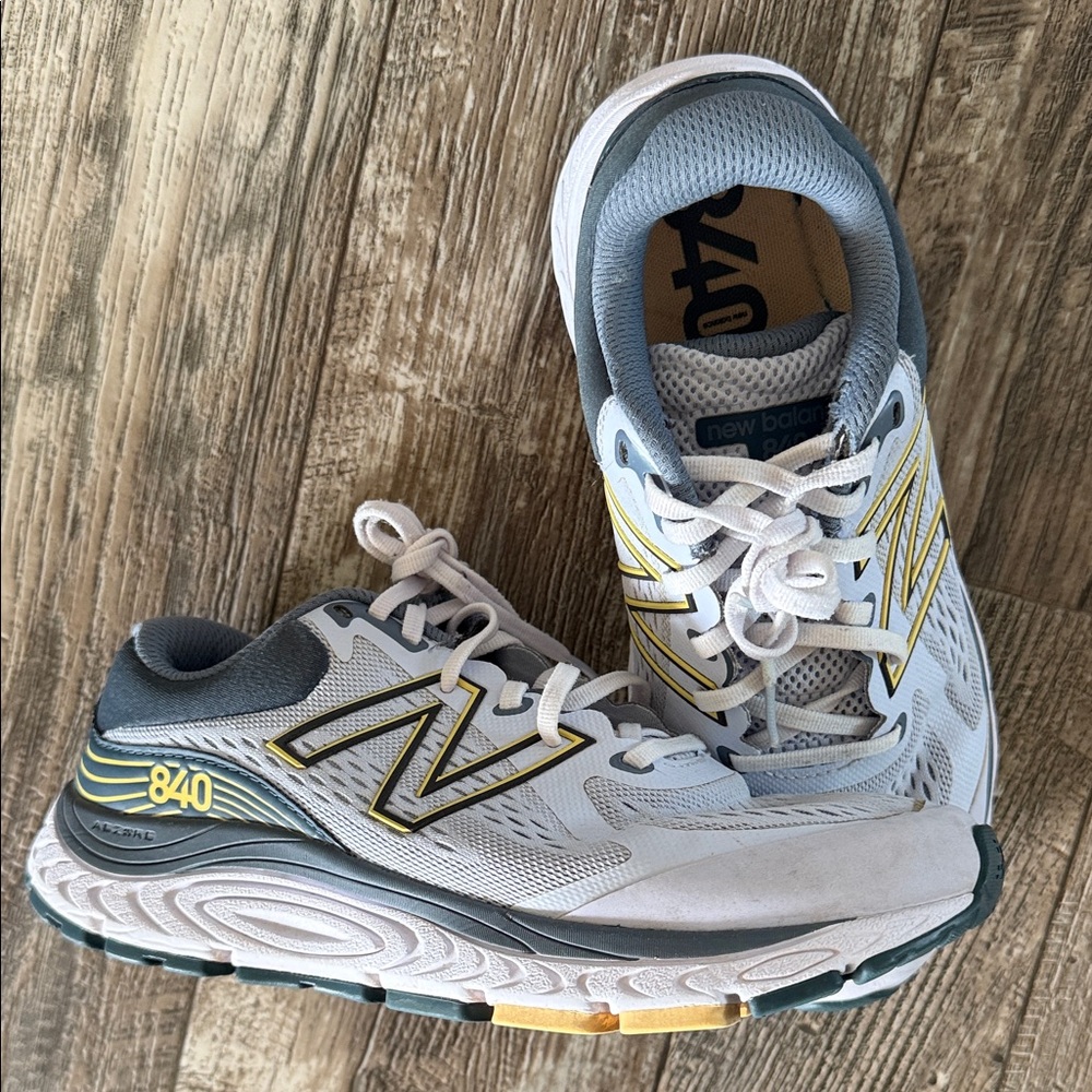 New Balance Women White and Gray Sneakers with Gold Accents